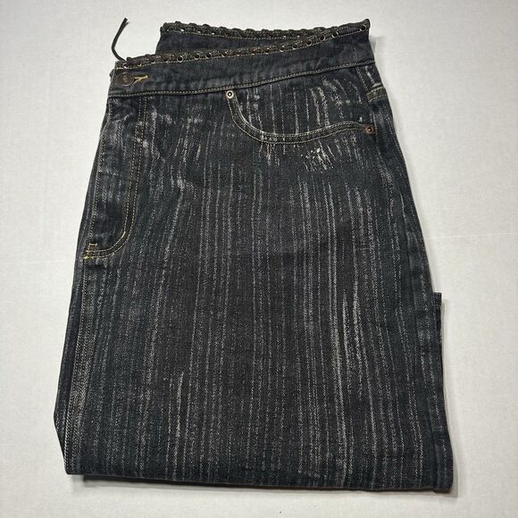 VTG Newport News Jeanology Denim Jean Skirt Black Laced Up Waist Back Slit SZ 18 - Picture 1 of 14